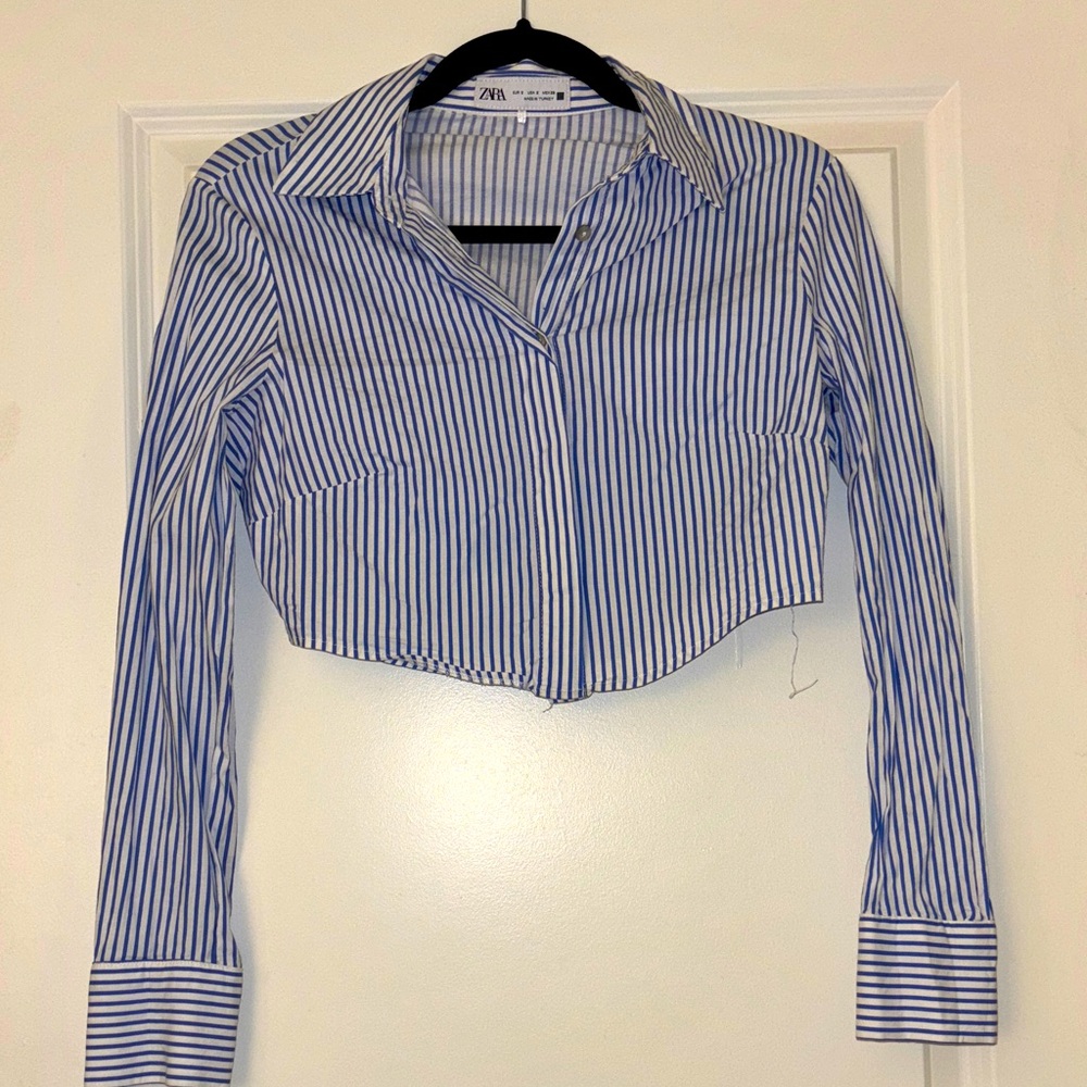 Zara White and Blue Striped Button Down Shirt